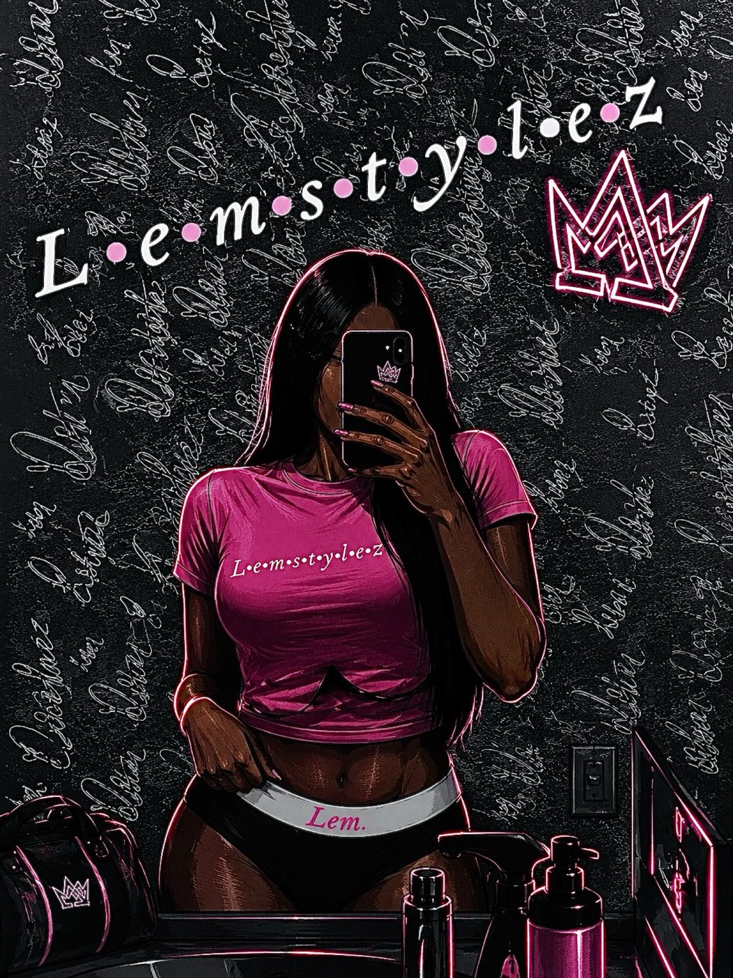 Mirror selfie in a pink Lemstylez crop tee