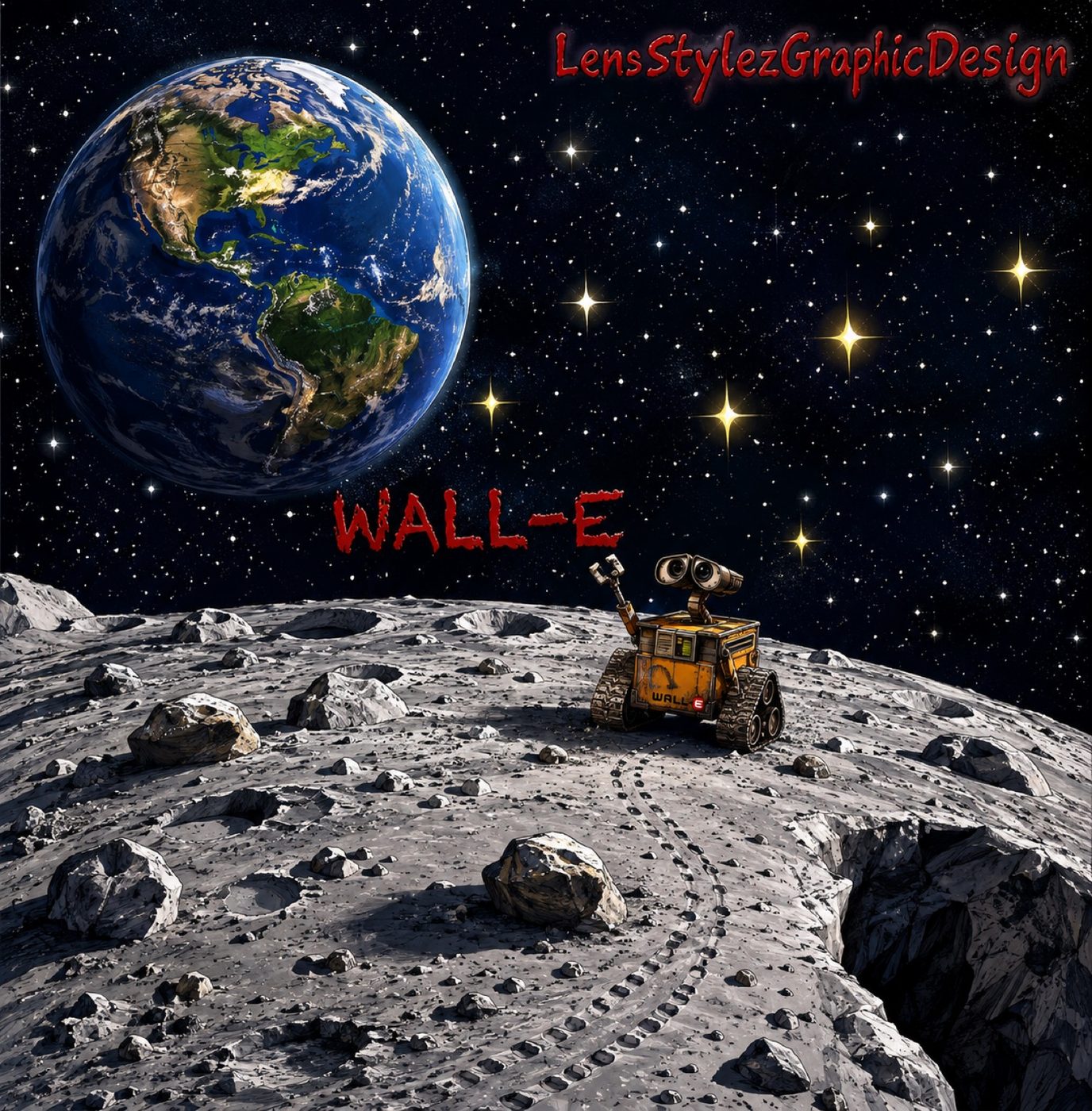 WALL-E on a cratered moon with Earth in the sky
