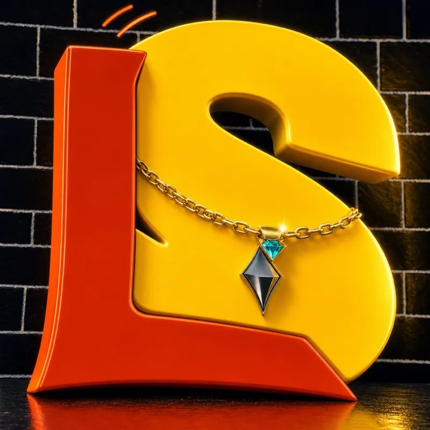 Orange and gold L2 letters with a diamond chain