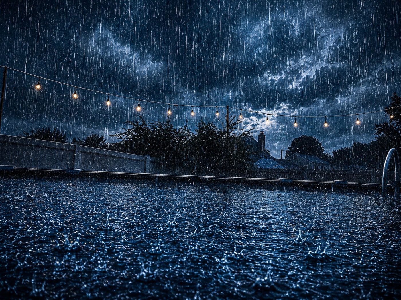 Night rain over a backyard pool under string lights
