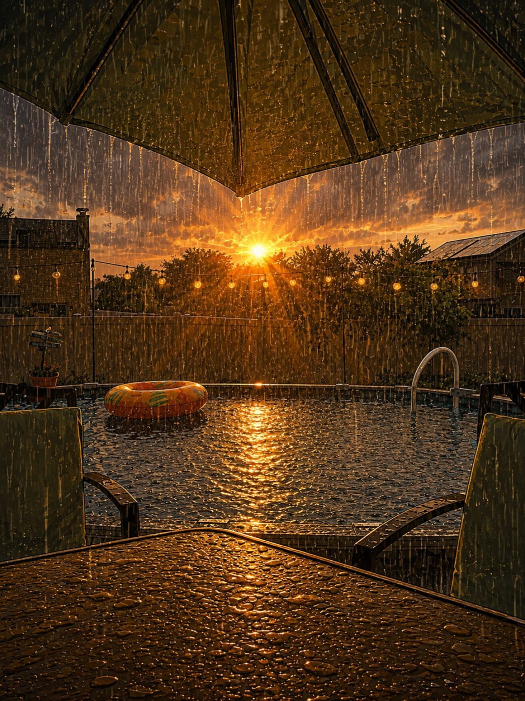 Sunset rain over a backyard pool seen from under an umbrella