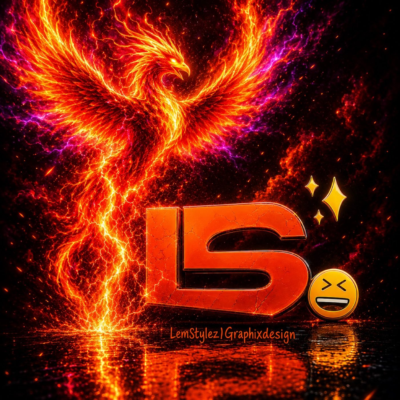 Cracked LS mark in front of a fire phoenix