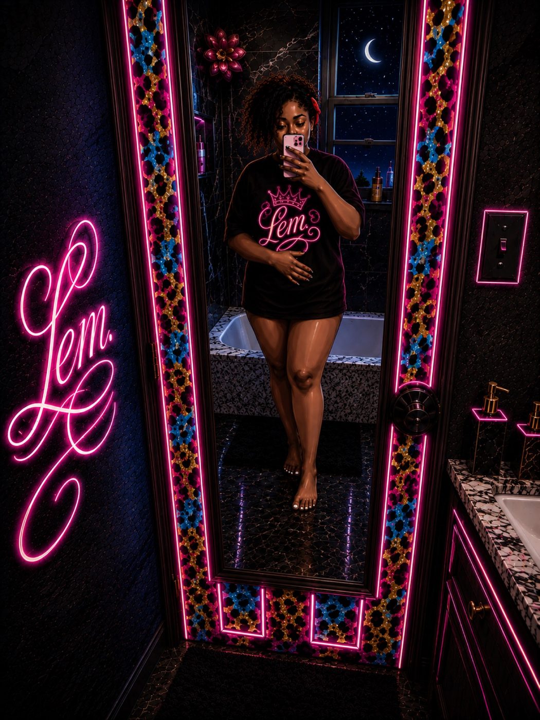 Night bathroom mirror selfie in a Lem crown tee