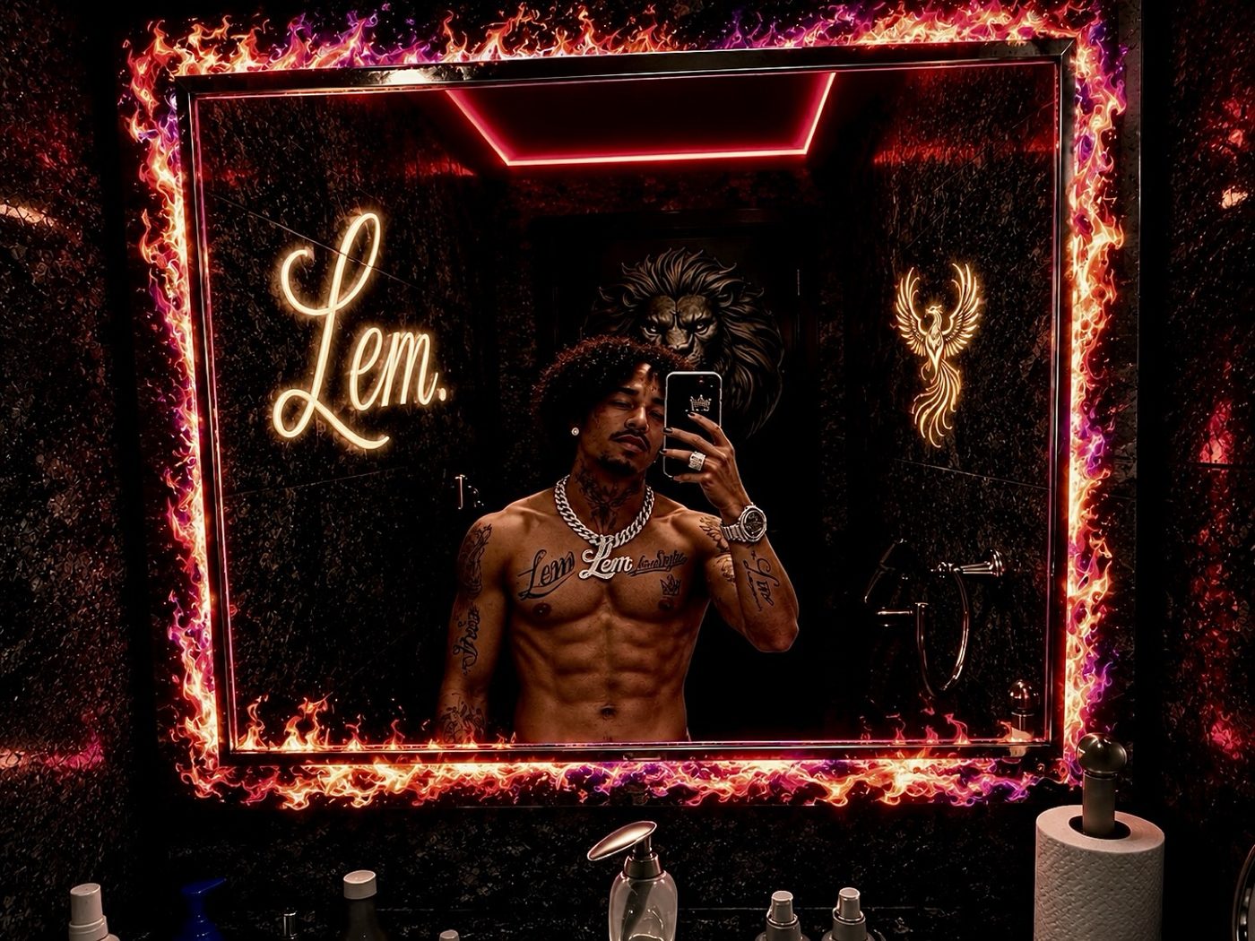 Mirror selfie framed in fire, with a neon Lem, lion, and phoenix