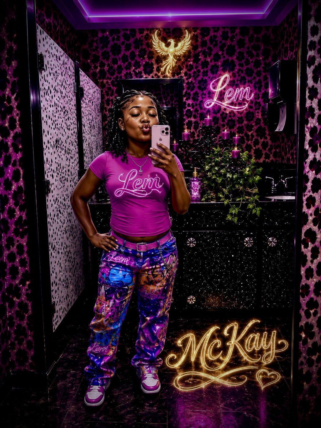 Bathroom mirror portrait in a pink Lem tee and printed jeans