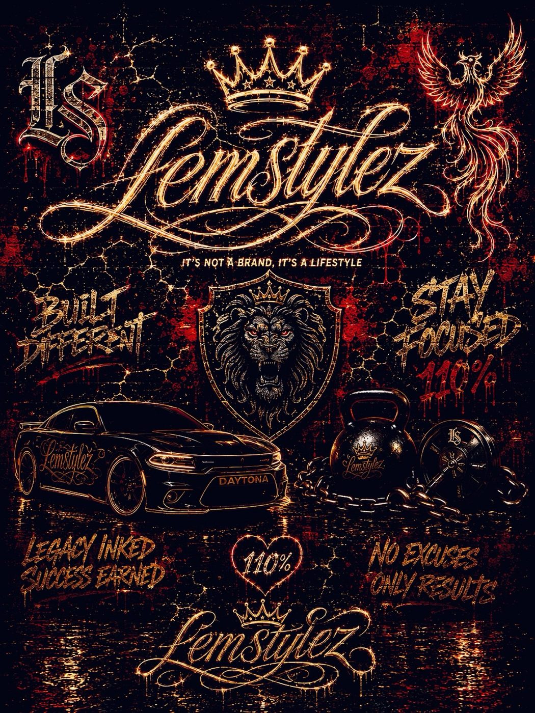 Lemstylez lifestyle poster with lion crest, crown, and Daytona