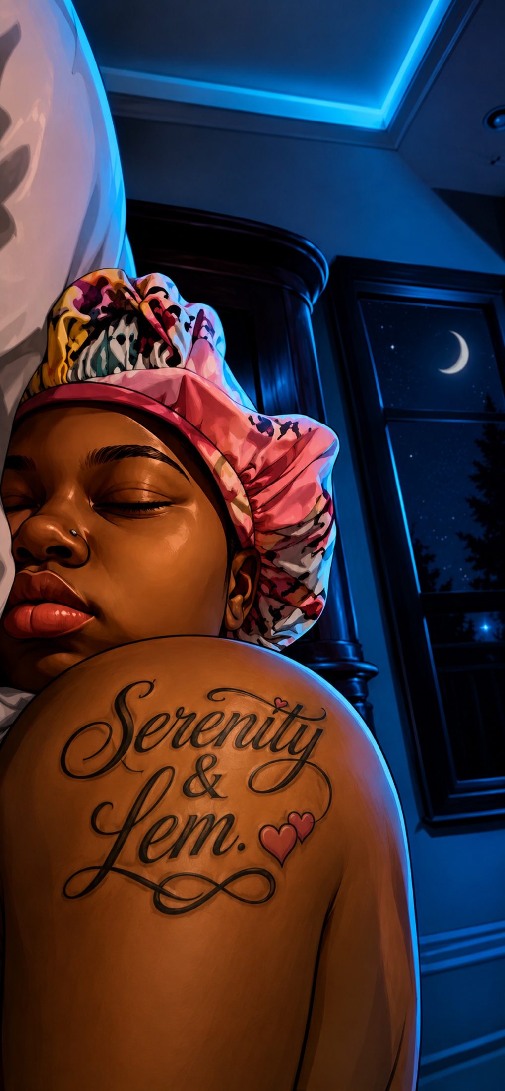 Night portrait with a Serenity and Lem script tattoo