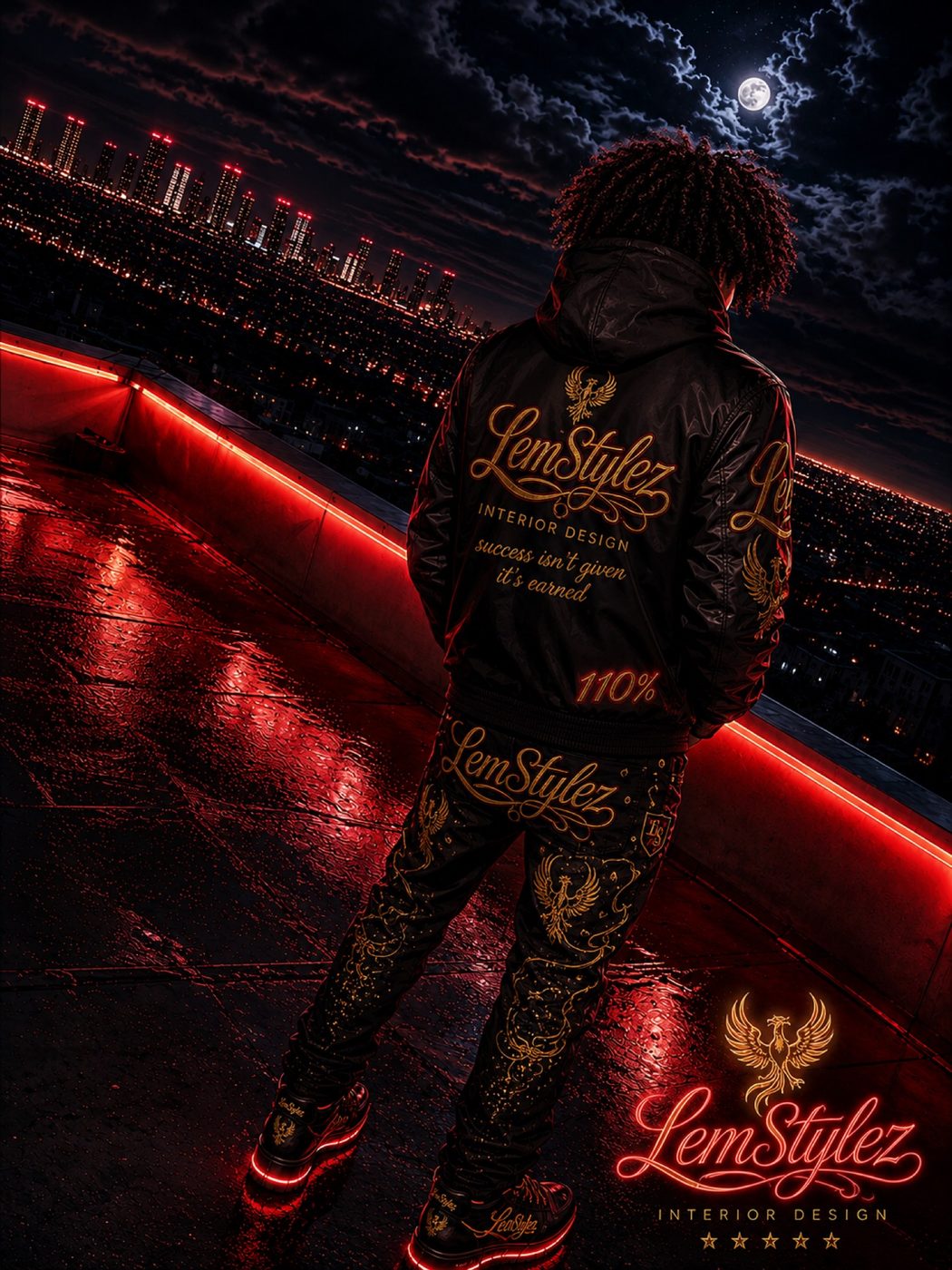 Back view on a rainy rooftop in a LemStylez gold embroidered jacket
