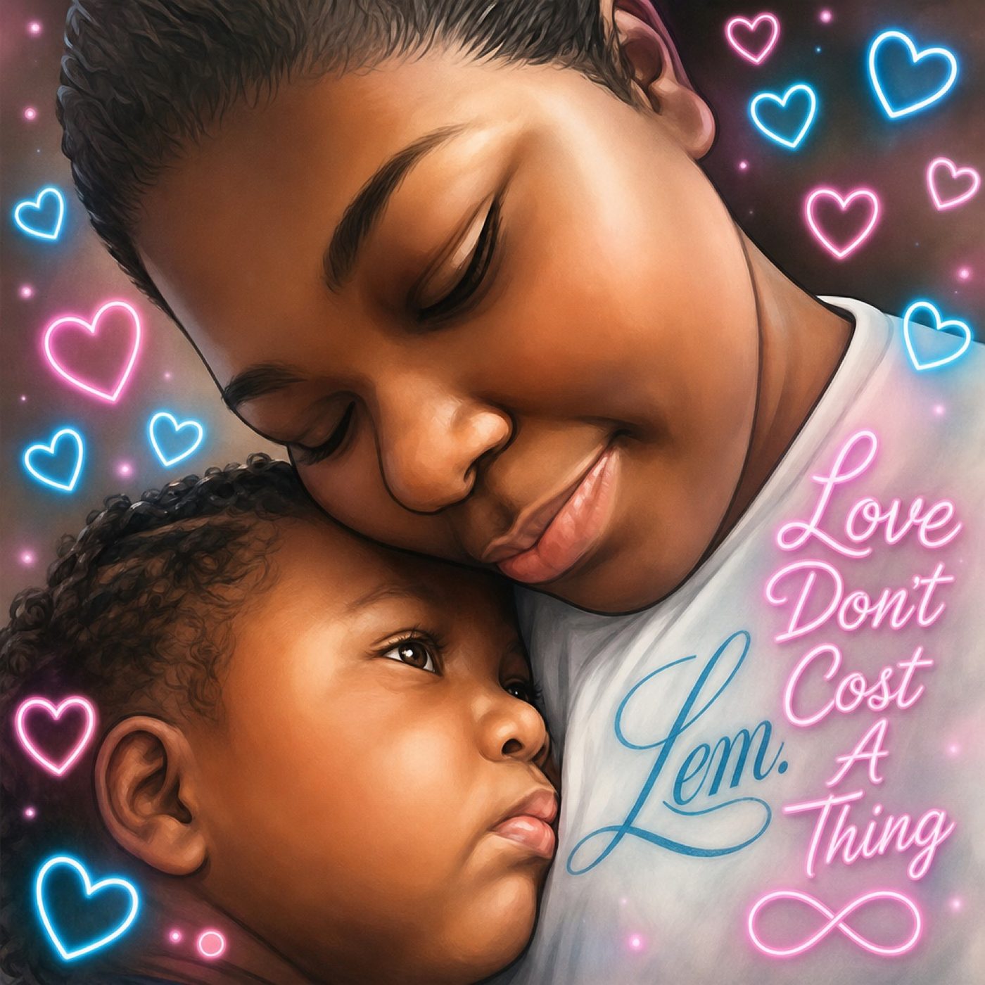 Parent and child under neon hearts, Love Don't Cost A Thing