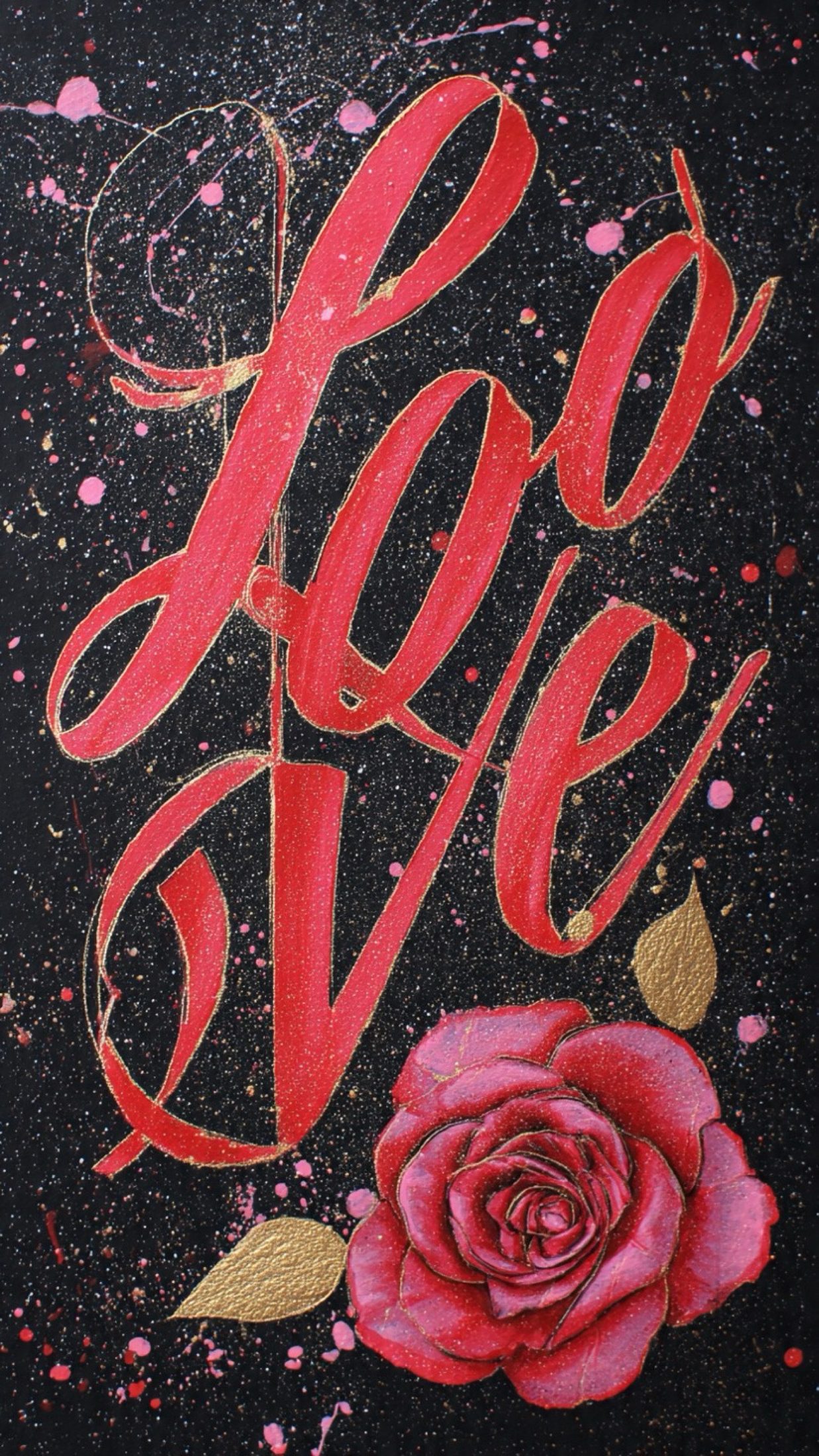 Red and gold calligraphy of the word Love with a rose