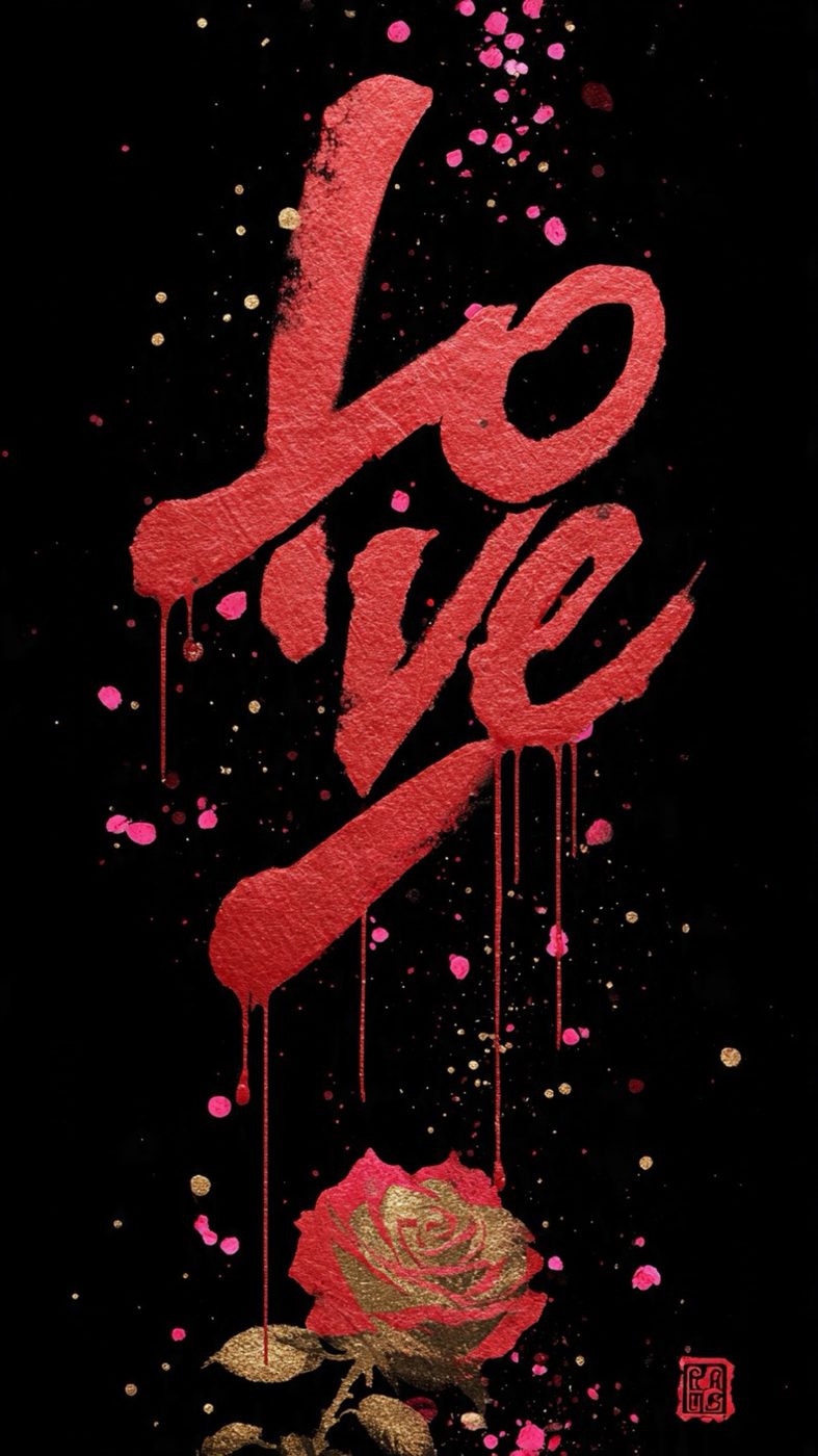 Red ink calligraphy of the word love over a gold rose