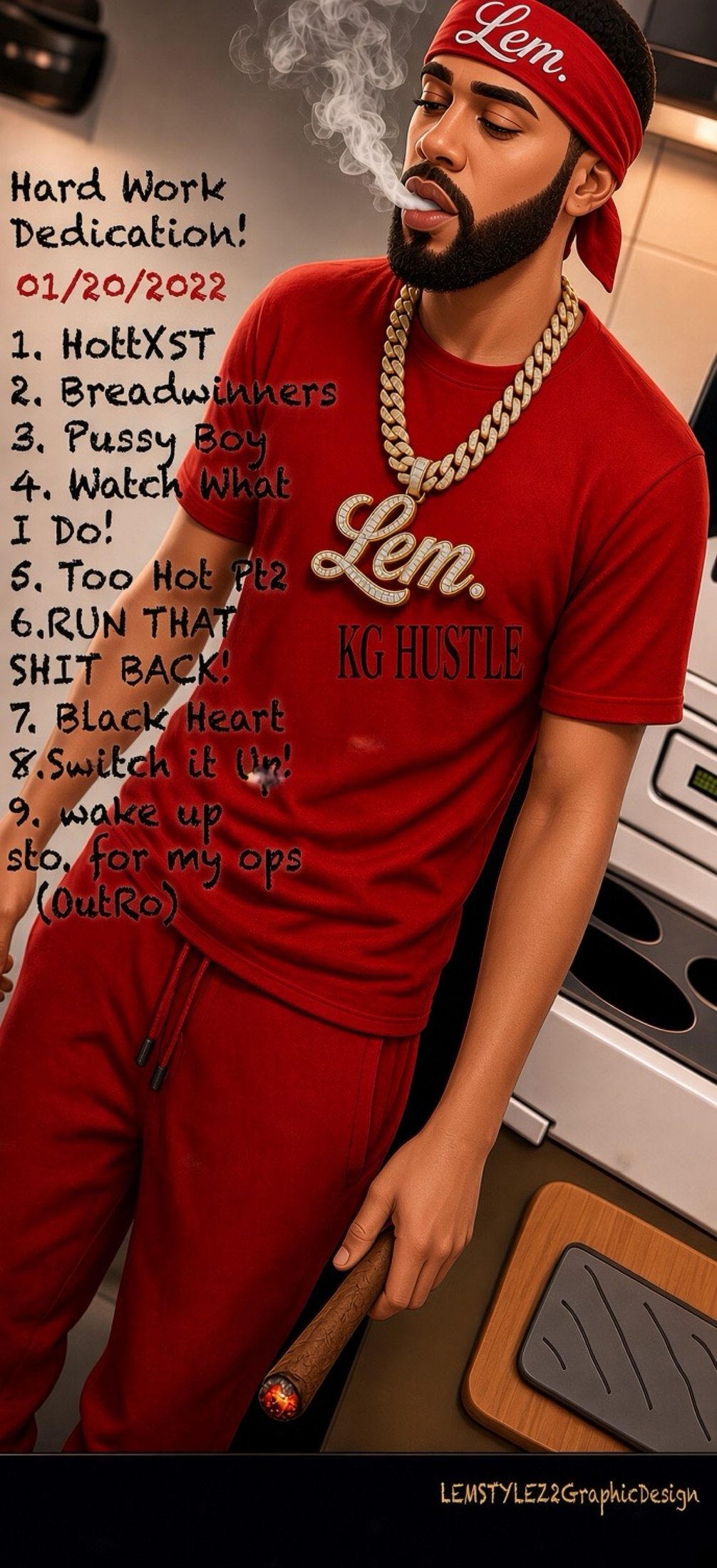 Red Lem bandana portrait with a KG Hustle tracklist
