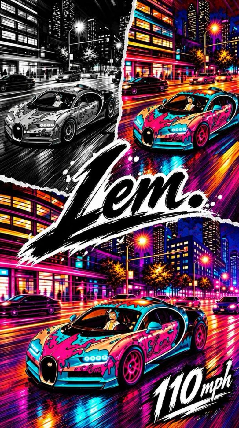 Split neon city scene of a custom painted Bugatti