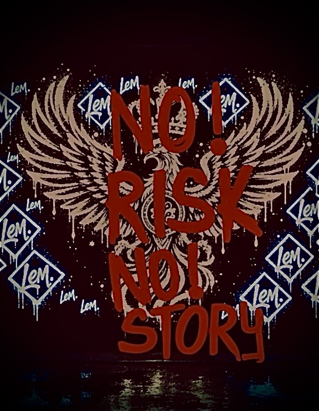 Eagle mural with red graffiti reading No Risk No Story