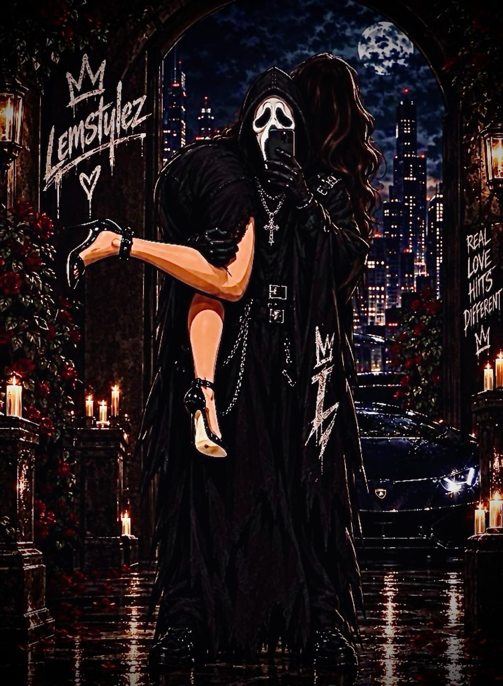 Hooded figure holding a partner under a city moon