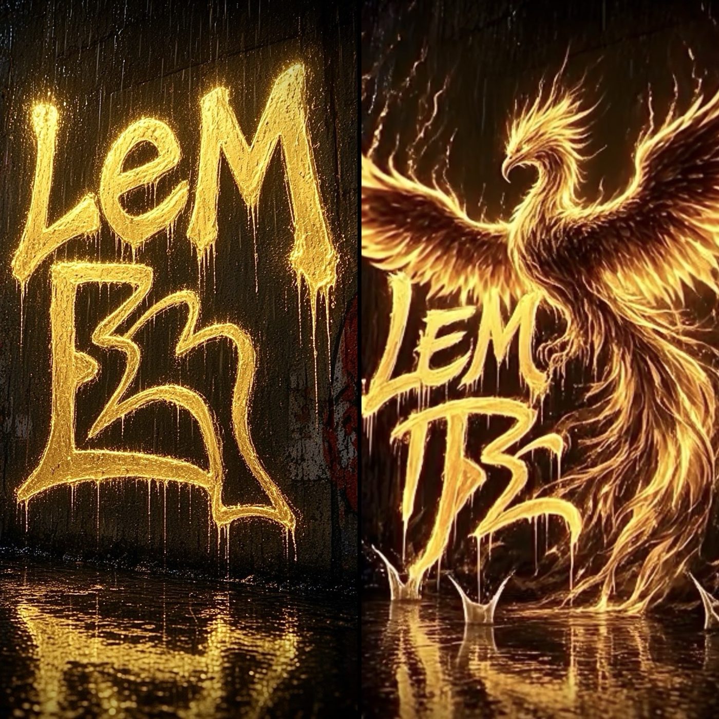 Gold dripping Lem lettering beside a rain-soaked phoenix