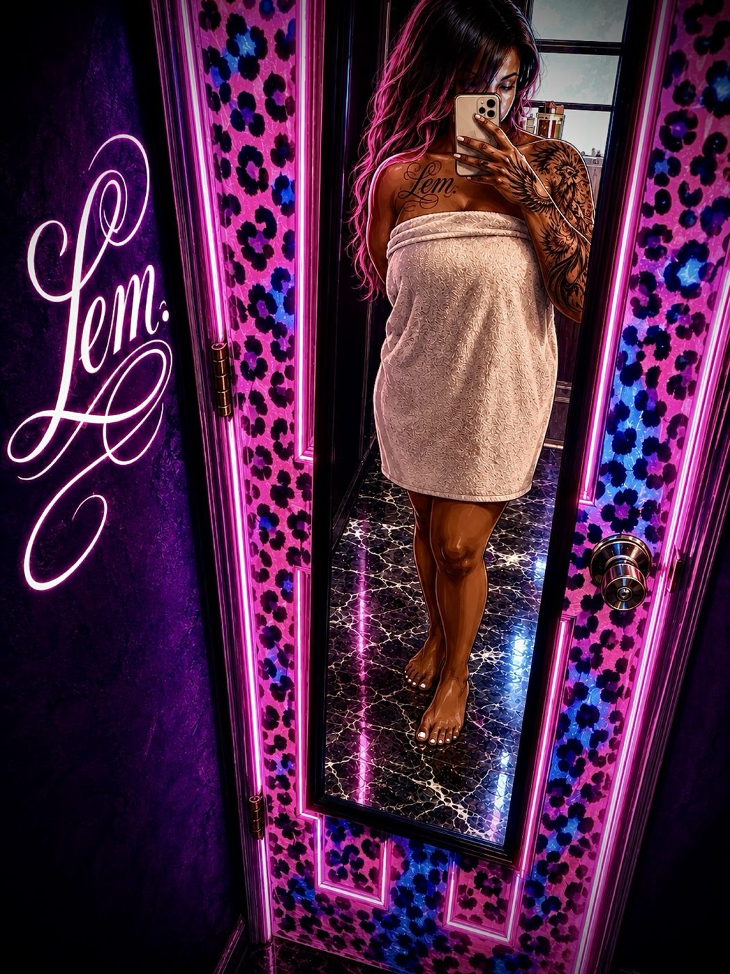 Leopard-print doorway mirror selfie wrapped in a towel