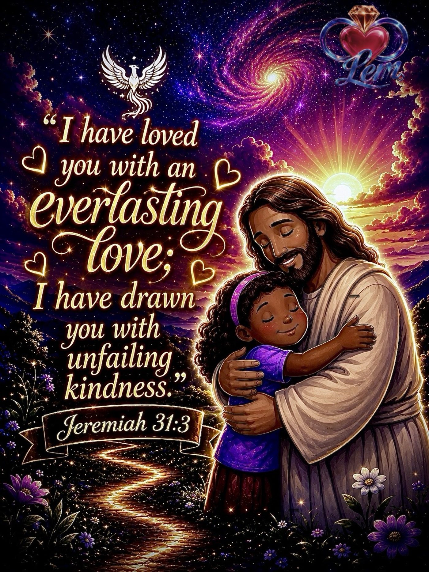 Illustrated embrace under a galaxy with Jeremiah 31:3